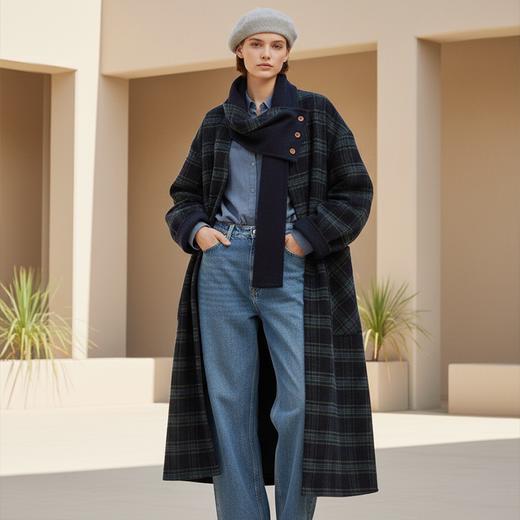 Famecoco范可儿围巾领格纹羊毛大衣长款宽松双面尼外套FAD8AQ122 商品图0