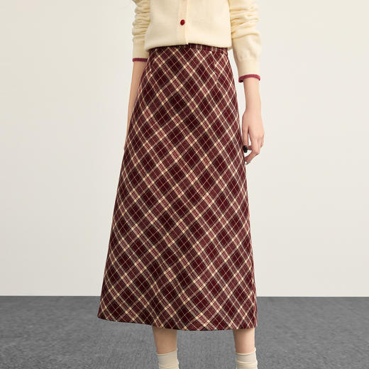 【12/17新品】熙世界圣诞红格纹毛呢半身裙女2025秋冬新款休闲高腰显瘦a字长裙 商品图4
