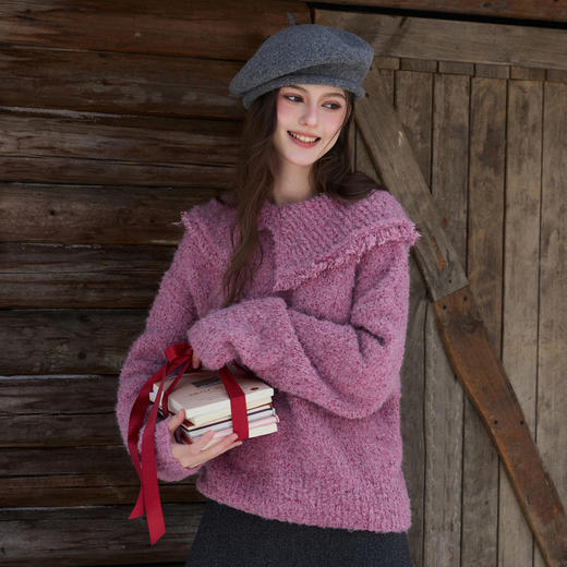 三彩2026春季新款圈圈纱毛衣保暖毛边翻领落肩袖新年毛衫套头M 商品图1