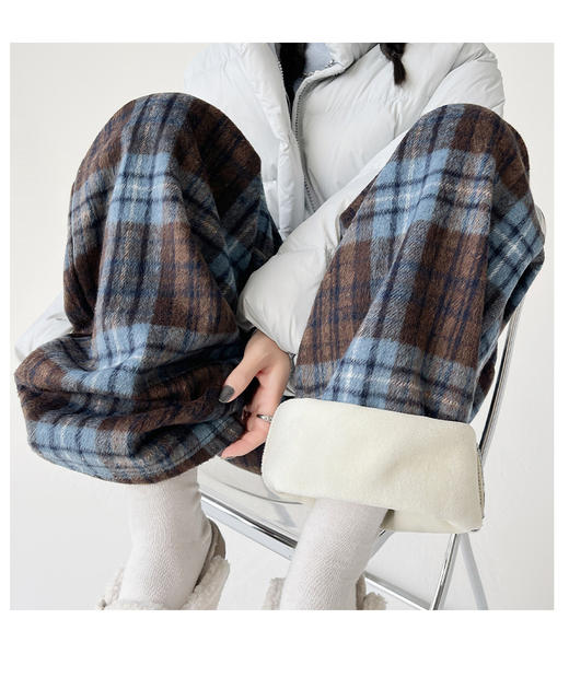 【YW】无忧购“礼物季”复古撞色加绒加厚毛呢格子阔腿裤女高腰垂感休闲裤H-1669（截单后3-5天发货） 商品图10