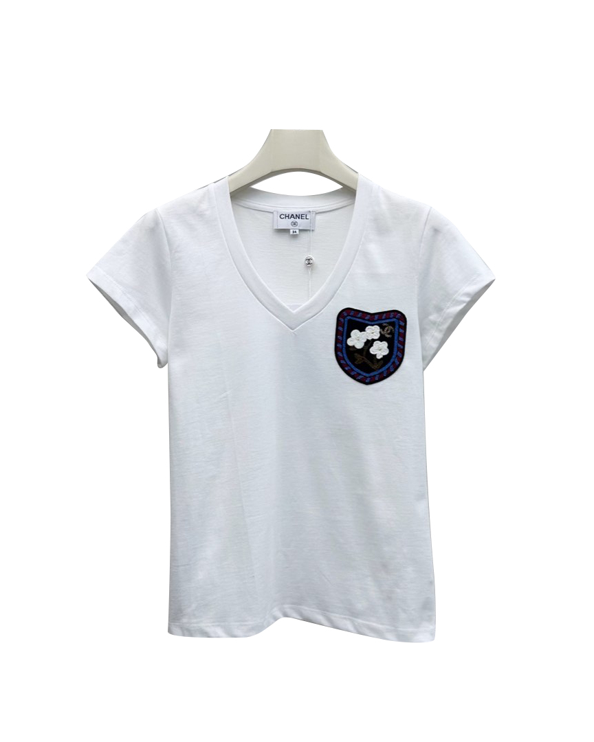 女款V领全棉刺绣短袖T恤ba025