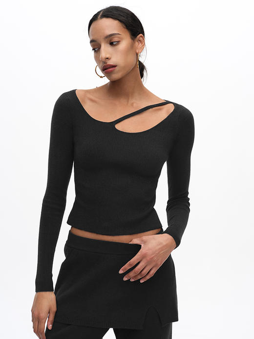 TR她热 慵懒漫步 黑色罗纹针织镂空慵懒显瘦百搭打底衫阔腿裙裤 商品图2