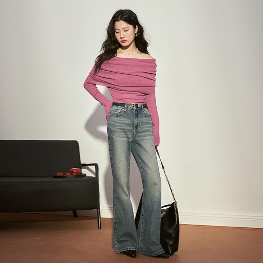 高级感一字领纯色T恤女新款收腰修身长袖针织衫V1831983 商品图8