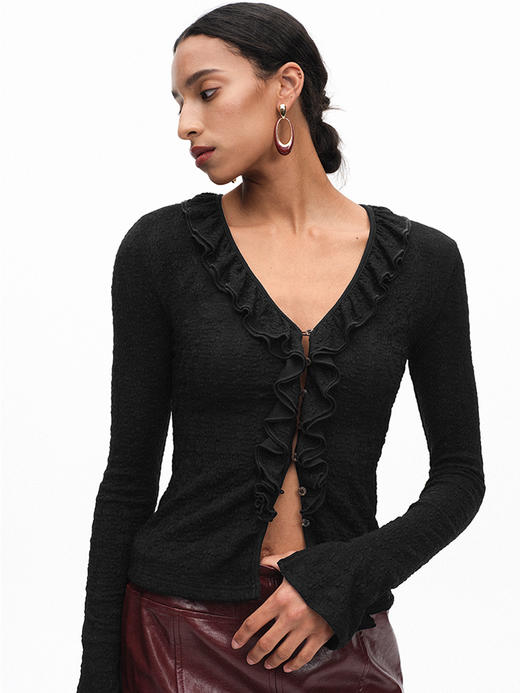 TR她热 甜酷法则 黑色弹力针织复古小花荷叶边衬衫开衫 商品图0