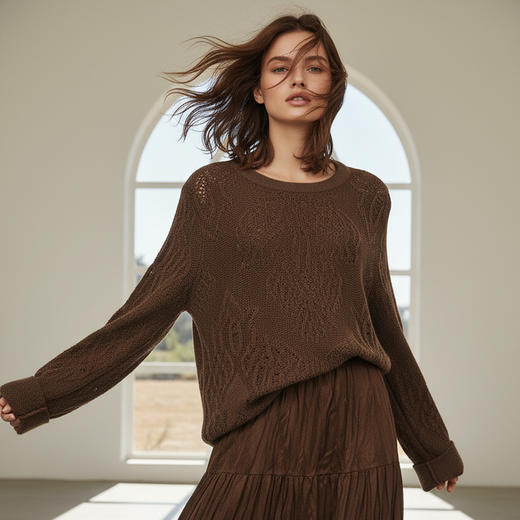 Famecoco范可儿文艺镂空设计感毛衫休闲宽松套头上衣FAD8DB126 商品图3