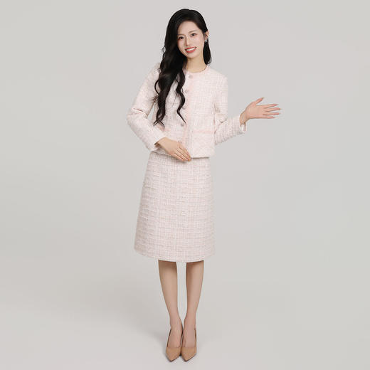 IWY/主持人同款小香风粗花呢粉色西装套裙女秋冬气质名媛通勤职业装两件套CS2500 商品图0