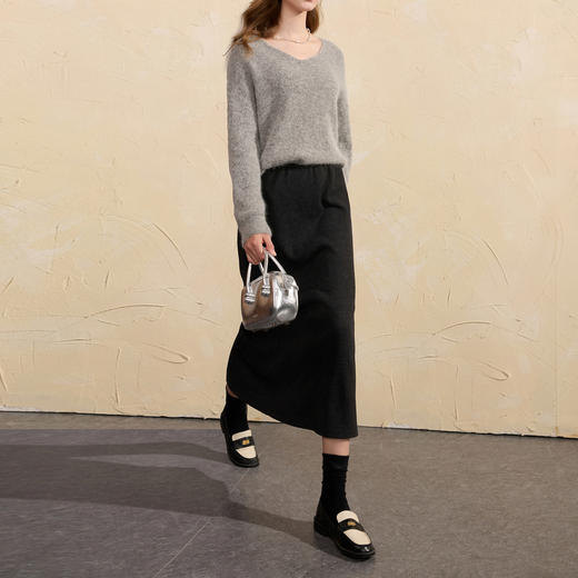 三彩2026春季新款半身裙松紧高腰直筒裙开叉长裙简约气质M 商品图3