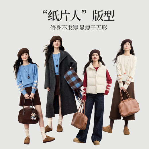 【12/17新品】熙世界学院风菱格提花蓝色圣诞毛衣女冬季新款宽松圆领套头针织衫 商品图2