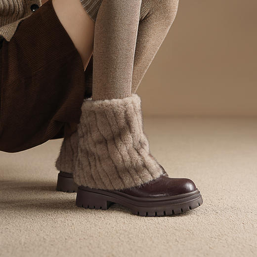 阿么手工女鞋厚底加绒毛毛靴短筒女真皮洋气裤管靴冬季小短靴5CM 商品图3