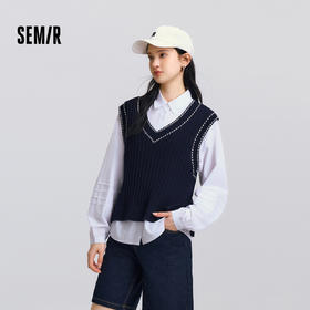 森马长袖衬衫女春翻领衬衣V领背心叠穿简约气质文艺学院风两件套