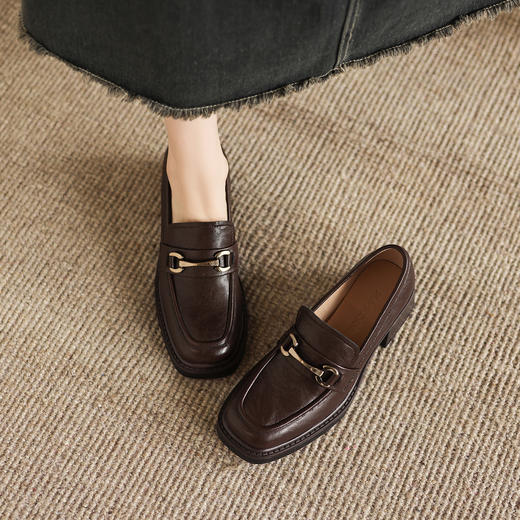 阿么手工女鞋一脚蹬马衔扣乐福鞋高跟女6CM厚底软底通勤真皮单鞋 商品图2