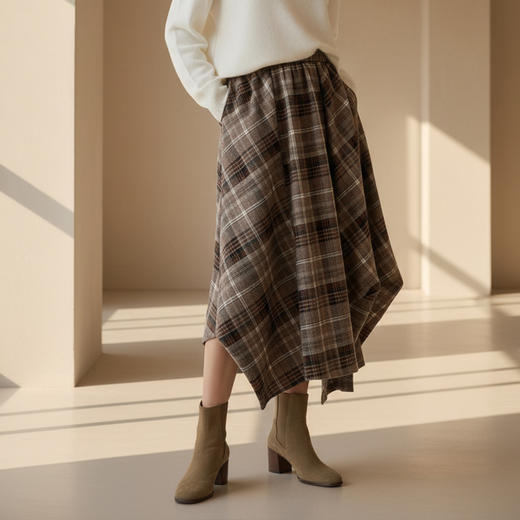 Famecoco范可儿学院风不规则设计格纹半身裙宽松百搭FAD8HA107 商品图0
