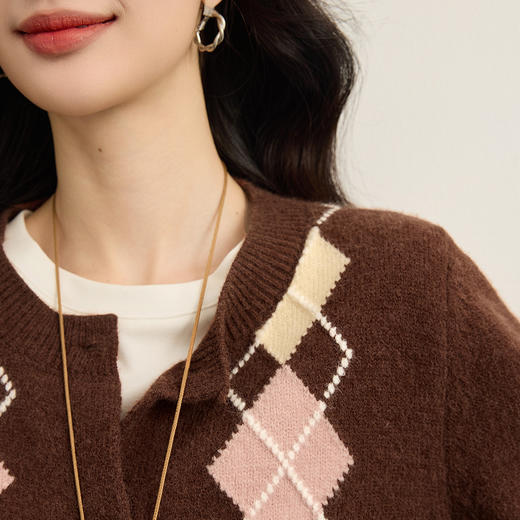 【12/17新品】熙世界学院风撞色菱形格毛衣短外套女秋冬复古北极绒加厚针织开衫 商品图2