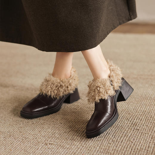 阿么手工女鞋加绒加厚毛毛鞋复古粗跟及踝真皮方头小短靴冬季6CM 商品图4