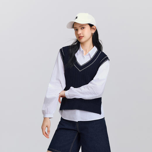 森马长袖衬衫女春翻领衬衣V领背心叠穿简约气质文艺学院风两件套 商品图2