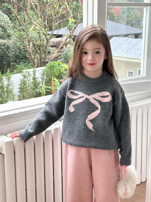 【韩版！蝴蝶夹针织毛衣】艾摩贝贝童装 韩版2025冬季款 女童洋气甜美蝴蝶结提花加厚针织毛衣 商品图3