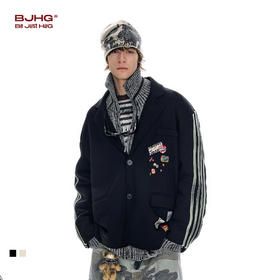 BJHG不计后果休闲西装外套男款春季新款拼接做旧空气层翻领夹克女
