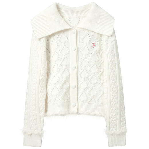 三彩独醒2026春季新款翻领绣花绞花肌理毛衣长袖开衫外套F 商品图4