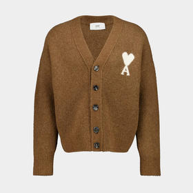 AMI 男女同款心形徽标刺绣嵌花混纺羊毛针织开衫 棕色 UKC365 KN0135 217