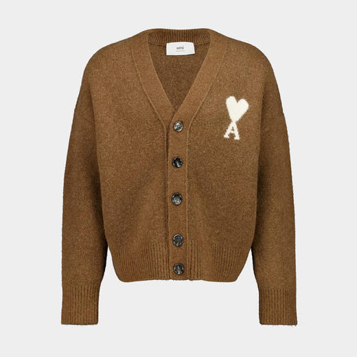 AMI 男女同款心形徽标刺绣嵌花混纺羊毛针织开衫 棕色 UKC365 KN0135 217 商品图0