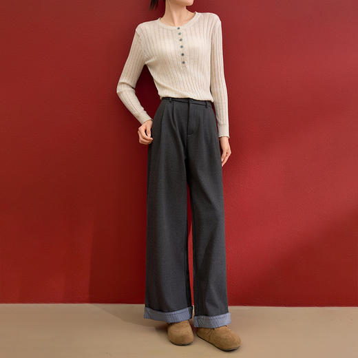 西遇休闲裤直筒垂感女秋季新款卷边条纹拼接宽松阔腿长裤V0055467/SS051511 商品图1