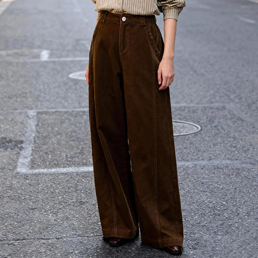 Famecoco高腰阔腿裤宽松简约直筒纯色休闲裤拖地裤FAD8GA119 商品图3