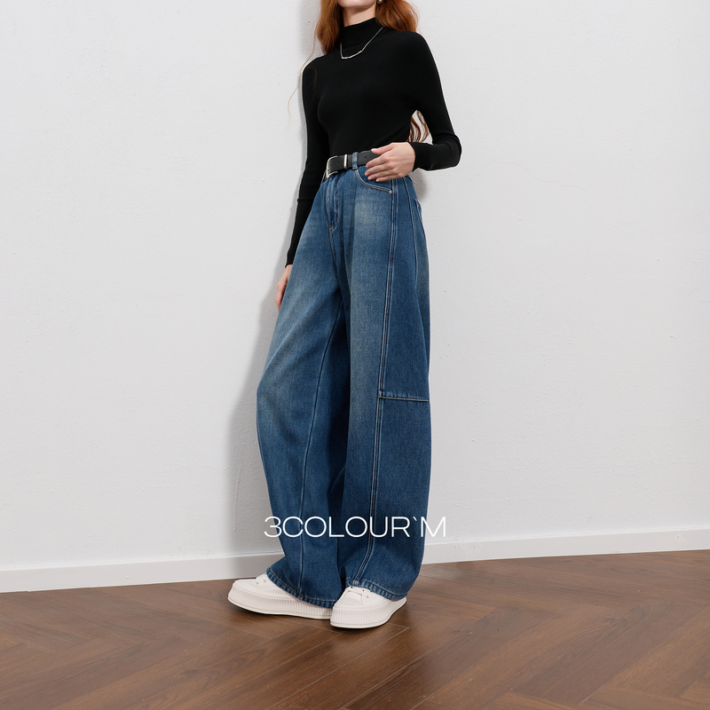 三彩2026春季新款加绒弯刀牛仔裤休闲宽松长裤简约M