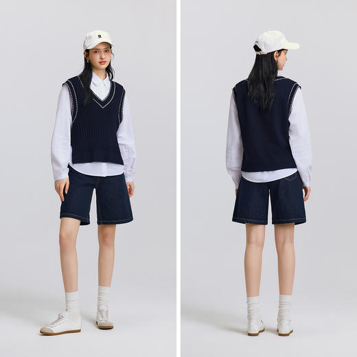 森马长袖衬衫女春翻领衬衣V领背心叠穿简约气质文艺学院风两件套 商品图4