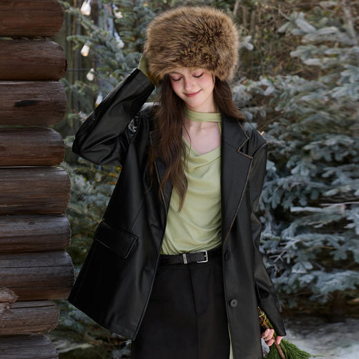 三彩独醒2026春季新款复古水洗PU皮衣外套西装领中长宽松F 商品图3