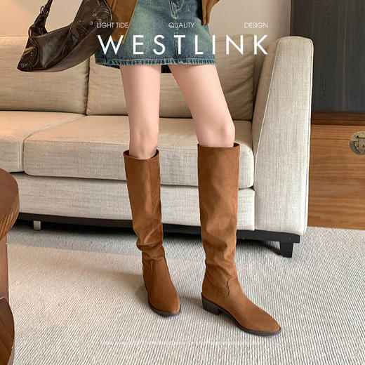 西遇美拉德长筒靴女新款秋冬显瘦西部牛仔堆堆靴粗跟高筒长靴V2157200 商品图3