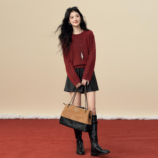 【12/17新品】熙世界安可拉红麻花厚圣诞针织毛衣女冬季套头宽松亮丝羊毛打底衫 商品图3