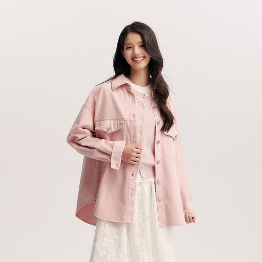 森马长袖衬衫女春季中长款落肩oversize磨毛复古简约盐系慵懒衬衣 商品图2