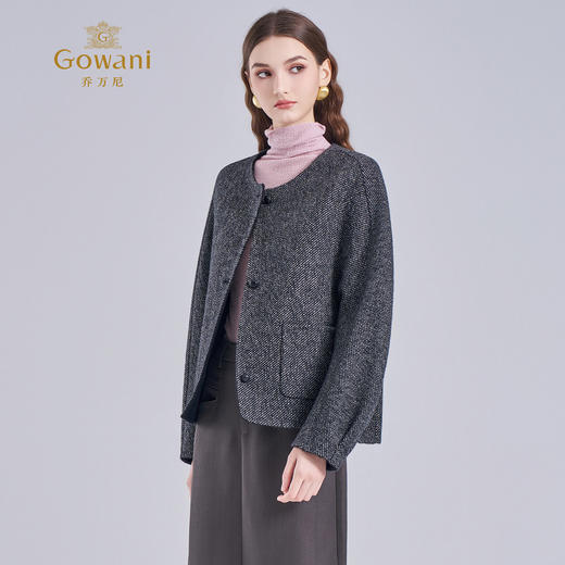 乔万尼2025新品冬宽松羊毛羊驼毛混纺无领雅致短款毛呢大衣ED4B733 商品图1