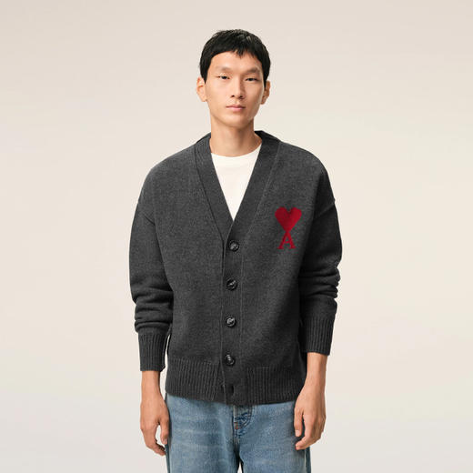 AMI 男女同款心形徽标刺绣嵌花羊毛针织开衫 深灰色 UKC367 U018 084 商品图2