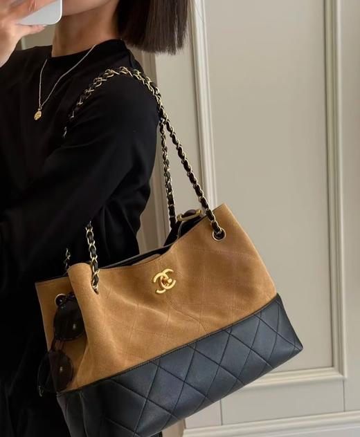 代工厂新款麂皮拼纯皮托特hobo大容量链条单肩斜挎包 商品图6