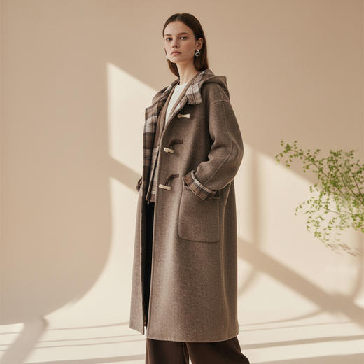 Famecoco范可儿牛角扣连帽宽松长款羊毛大衣双面尼外套FAD8AQ107 商品图3