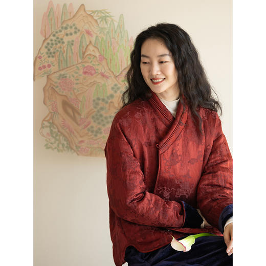 牧衣游原创 提花丝棉95高蓬松净味红嘴雁绒羽绒服红色中式 云漫 商品图2