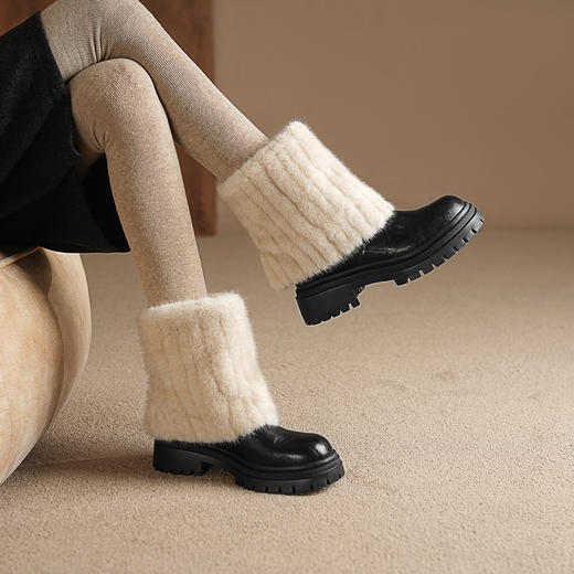 阿么手工女鞋厚底加绒毛毛靴短筒女真皮洋气裤管靴冬季小短靴5CM 商品图2