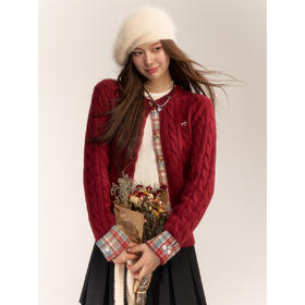 【百搭拼接针织衫】红色 新年设计感 百搭格纹拼接麻花针织开衫 女学院软糯毛衣外套上衣