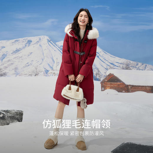 【年货节】熙世界可脱卸大毛领连帽羽绒服女冬季中长款圣诞战袍鸭绒红色外套 商品图2