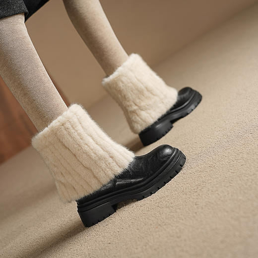 阿么手工女鞋厚底加绒毛毛靴短筒女真皮洋气裤管靴冬季小短靴5CM 商品图4