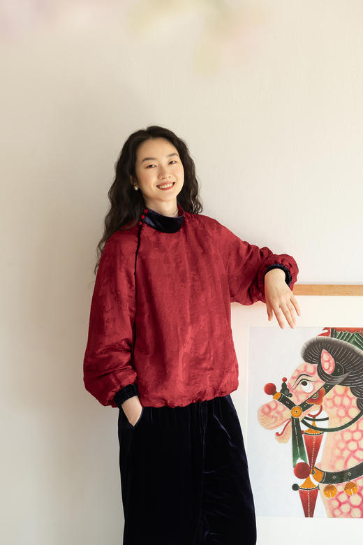 牧衣游原创 提花丝棉棉衣新款宽松保暖复古氛围红色新年棉服 桃支 商品图1