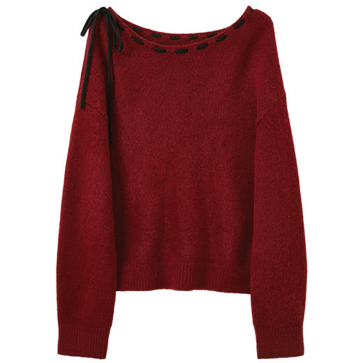 三彩2026春季新款系带蝴蝶结一字肩红色毛衣长袖新年毛衫套头M 商品图4