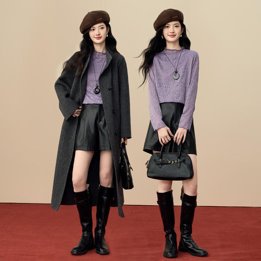 【12/17新品】熙世界绝美紫色蕾丝打底衫女秋冬法式提花长袖正肩半高领内搭上衣 商品图2