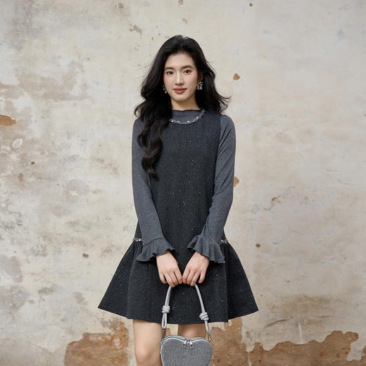 奢姿大码女装2025冬季胖妹妹时尚拼接亮片设计亮钻装饰针织套装9954994257AB 商品图1