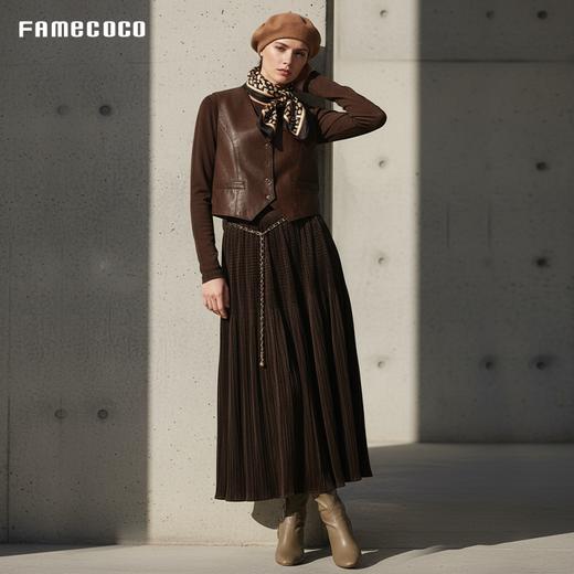 Famecoco范可儿高级复古纯色百褶裙优雅百搭长款半身裙FAD8HA112 商品图1