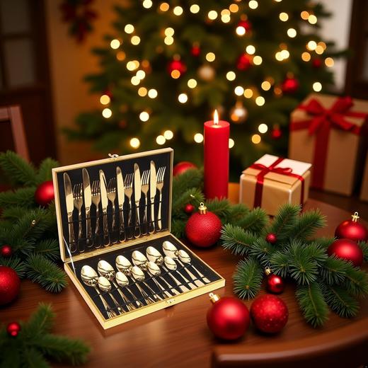 欧洲 高品质 24件装不锈钢餐具 金色礼盒套装 含餐刀/分叉/餐勺/茶匙 可供6人使用 商品图4