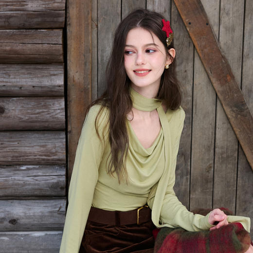 三彩独醒2026春季新款荡领T恤休闲长袖修身飘带上衣套头纯色F 商品图1