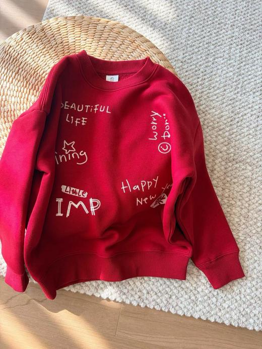 2025冬季新款！新年限定中国红亲子加绒美好祝愿印花字母圆领卫衣！ 商品图1