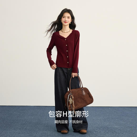 【周末秒杀】熙世界法式木耳边V领红色针织衫女2025秋冬内里磨绒套头毛衫上衣 商品图2